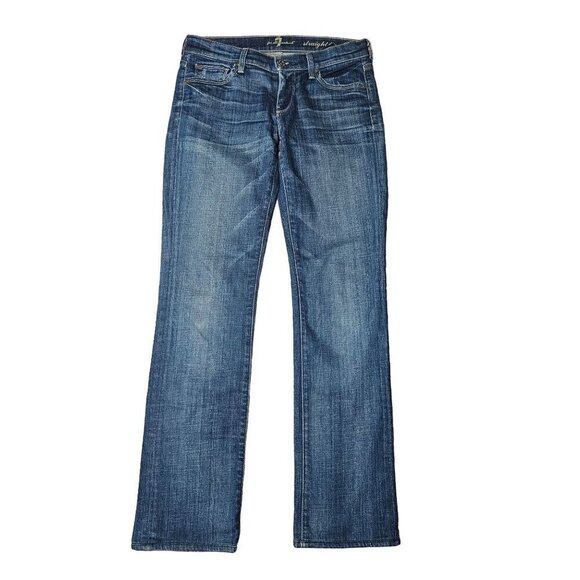 For All 7 Mankind Straight Leg Stretch Jeans Denim Distressed Mid-Washed Blue 26 - Picture 2 of 12